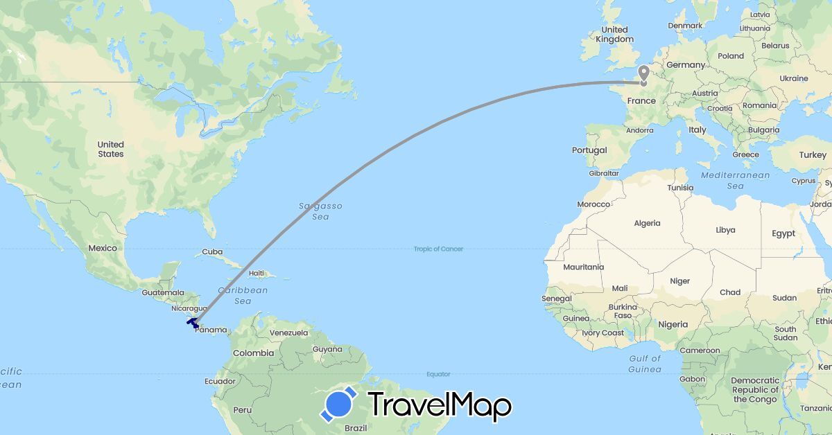 TravelMap itinerary: driving, plane, boat in Costa Rica, France (Europe, North America)